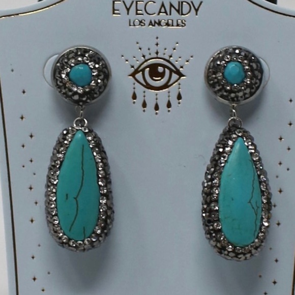 NWT EyeCandy LA‎ Turquoise Hematite and Rhinestone Dangle Earrings - Picture 2 of 4